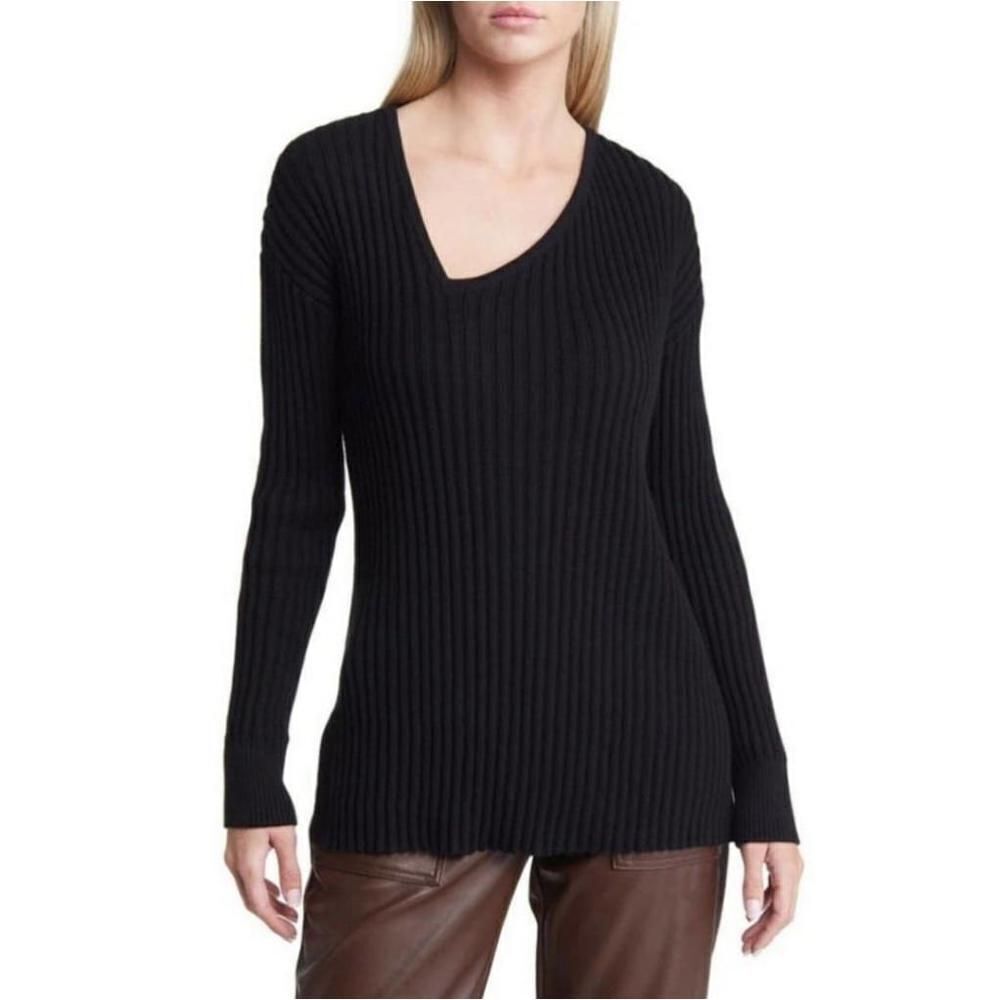 NWOT Open Edit Black V-Neck Ribbed Sweater Size S
